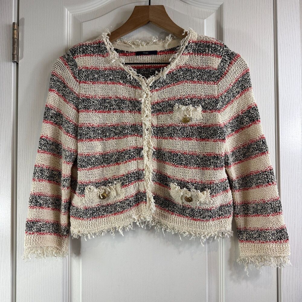 TMX Spain Women's Sweater Jacket Cream Red Black Stripe Size S Small